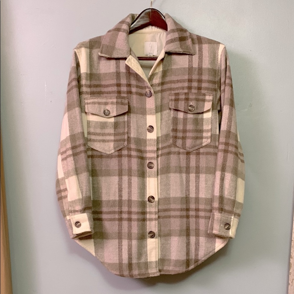 Joie Plaid Teddy Shacket in Beige and Brown